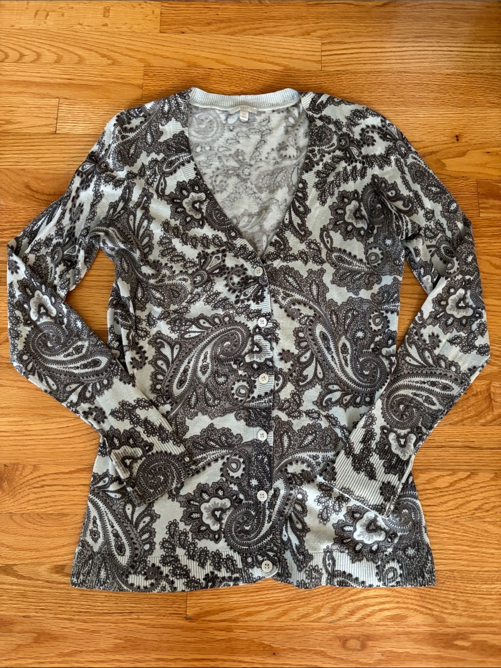 Talbots Gray & White Paisley Button-Down Cardigan